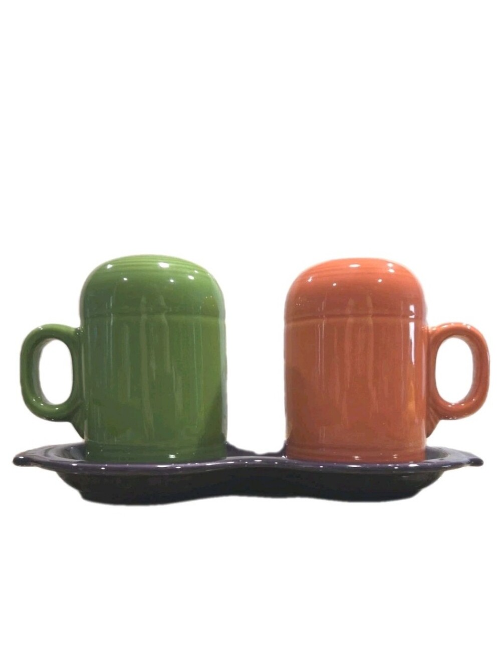 Fiesta Stove Top Salt and Pepper Shakers With Caddy Orange Green Purple Figure 8